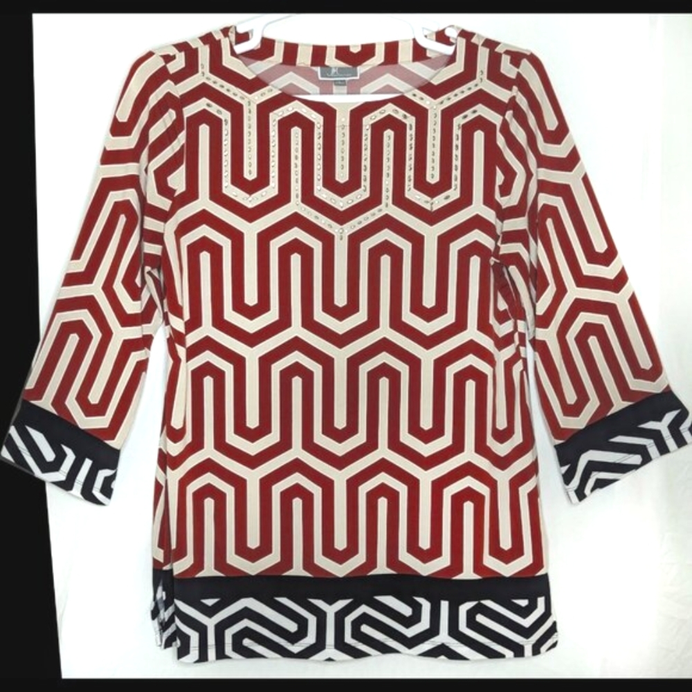 Lovely JM COLLECTION Sz L Red, Beige & Black Modern Meander Print Stretch Blouse - Picture 1 of 4